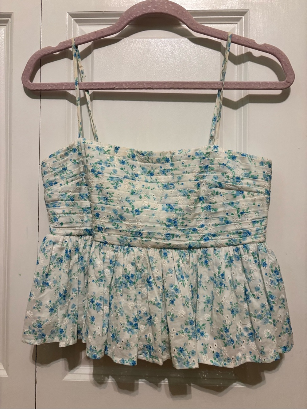 Floral Eyelet Spaghetti Strap Peplum Top - Altard State